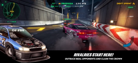 Static Shift Racing - Players engage in fierce multiplayer "Drift Sprint" events, demonstrating competitive racing against real opponents and the detailed urban environments.