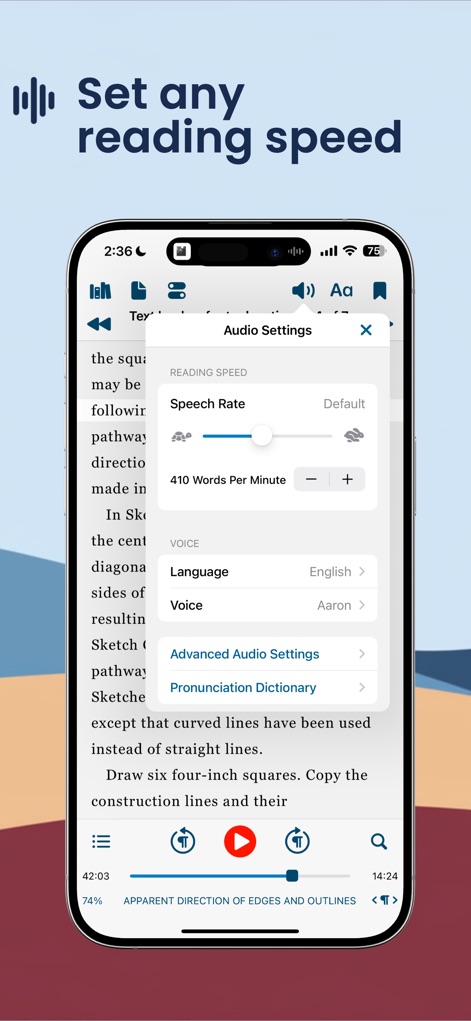 Voice Dream - Natural Reader - Users can fine-tune their listening experience by adjusting the speech rate slider and selecting from various advanced voice options within the audio settings panel.