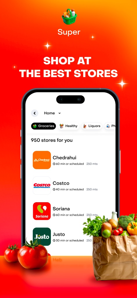 Rappi - Deliveries in Minutes - View the extensive grocery store directory, featuring well-known retailers such as "Costco" and "Soriana" for convenient shopping.