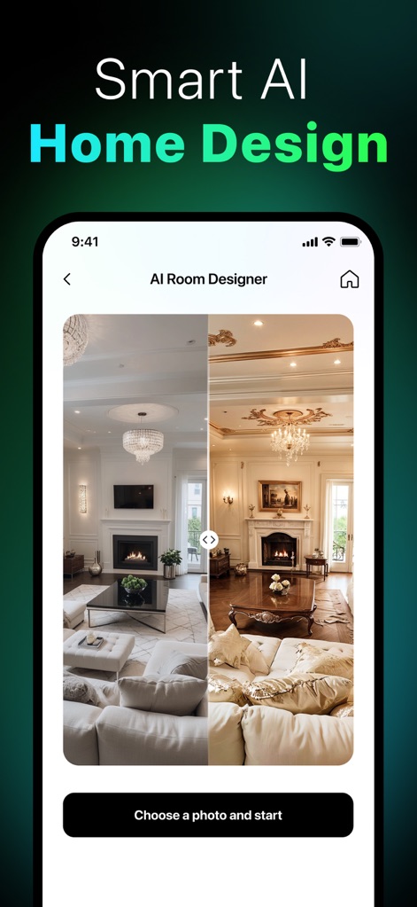 AI Chatbot & Design Assistant - A funcionalidade "AI Room Designer" permite aos usuários visualizar transformações de ambientes, com uma vista dividida que compara o cômodo "original" e a versão "projetada pela IA".