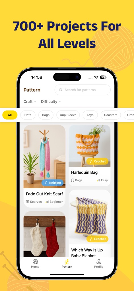 LoopCraft: Crochet & Knitting - Explorez une bibliothèque impressionnante de plus de 700 projets pour tous les niveaux, où les utilisateurs peuvent facilement filtrer les modèles par type d'artisanat ou difficulté et visualiser des exemples concrets de réalisations.