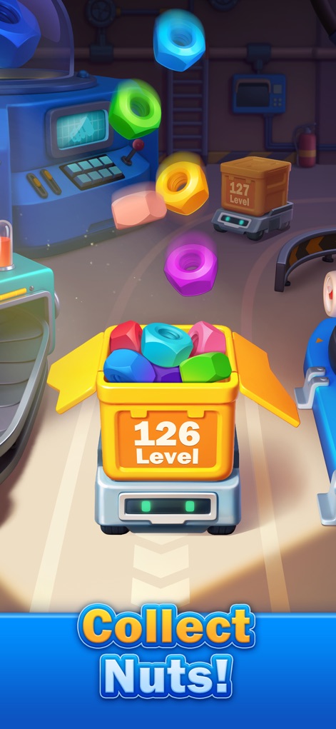 Nuts Factory: Sort Puzzle - Cet écran présente l'esthétique industrielle du jeu avec des écrous multicolores tombant dans une boîte sur un tapis roulant pour "Collect Nuts!".