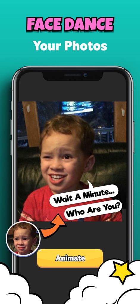 Prank - Funny Sounds,Simulator - ユーザーは、アニメーション化された顔の画像と、「Animate」ボタンを通じて、自分の写真を使って面白い顔ダンスコンテンツを作成できます。