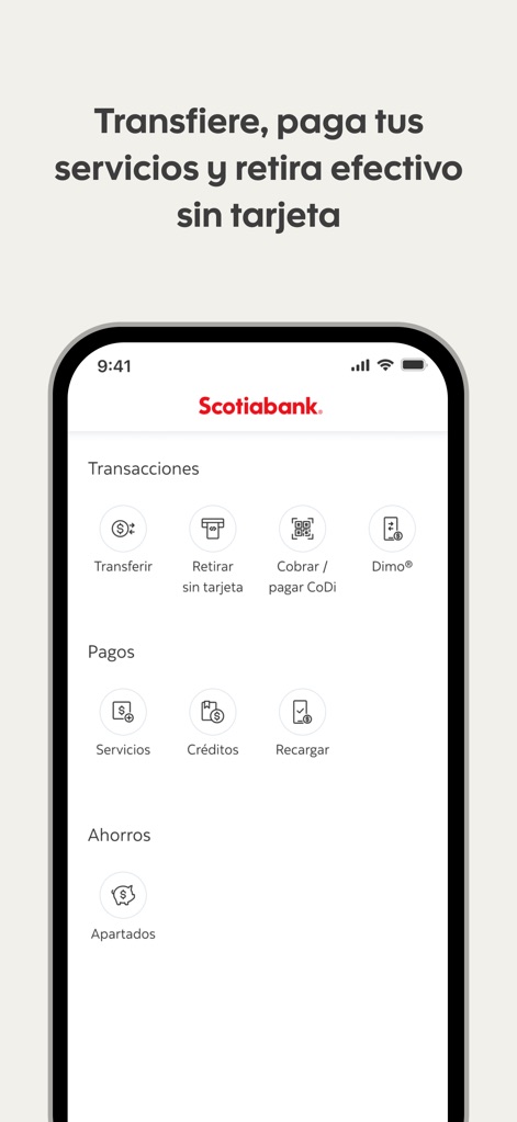 ScotiaMóvil MX - Les utilisateurs peuvent effectuer des opérations essentielles comme 'Transferir' des fonds et 'Retirar efectivo sin tarjeta', tout en gérant facilement les 'Pagar servicios' et les 'Recargar' de téléphone.