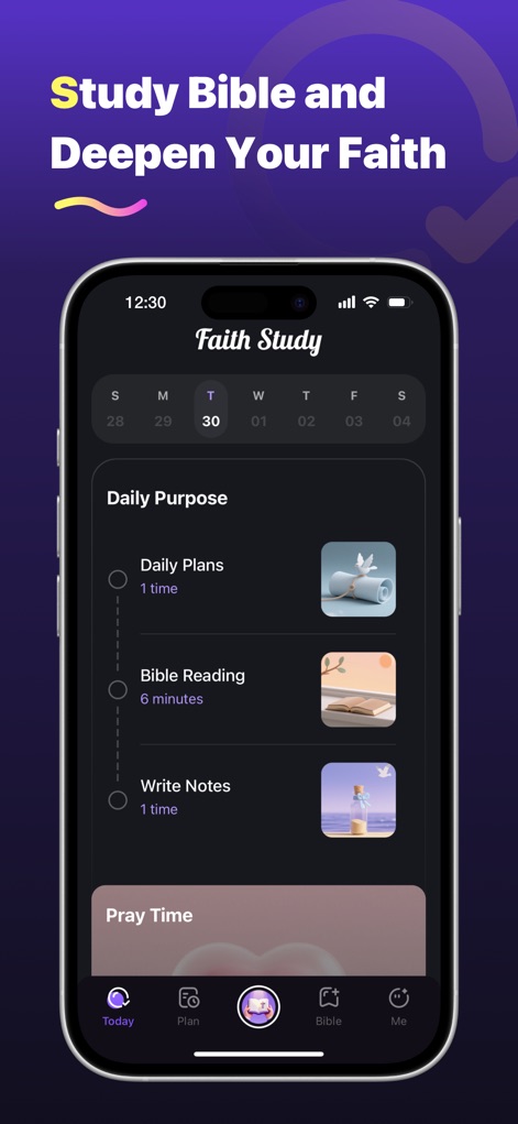 FaithStudy – Bible Study Guide - ユーザーは、体系化された日々の学習計画を通して信仰を深めることができます。特に「デイリープラン」には、読書時間やノート作成のタスクが明確に示され、ユーザーの進捗状況を追跡する「チェックボックス」が備わっています。