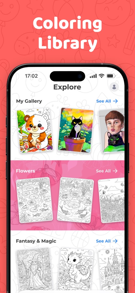 Sketchfy: Coloring Book Maker - Dieses Bild zeigt die umfangreiche Erkundungsbibliothek der App, die Kategorien wie "Flowers" und "Fantasy & Magic" umfasst, gefüllt mit zahlreichen vorgefertigten Ausmalbildern.