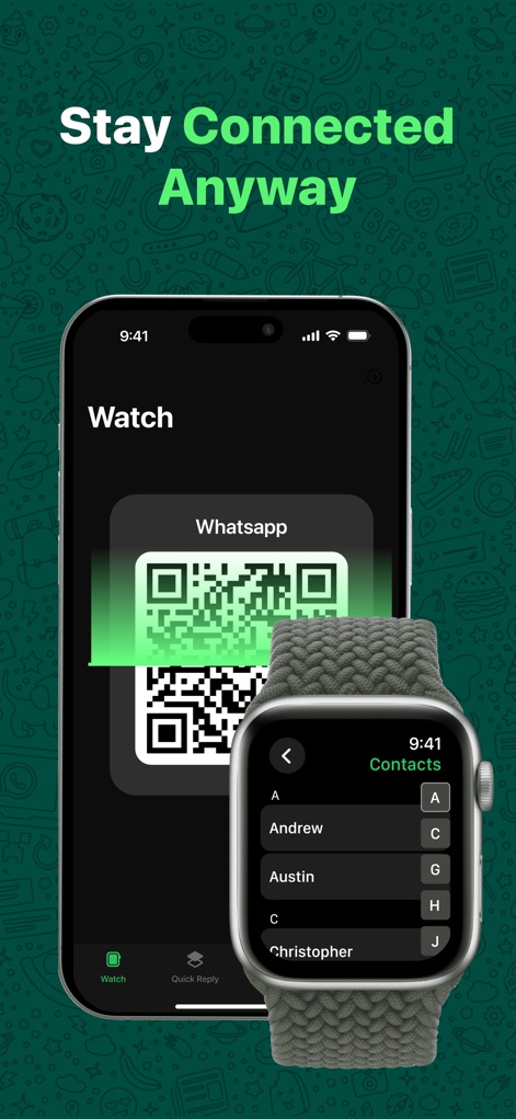 WatchsApp - Chat on Watch - This tool ensures continuous connectivity by illustrating the efficient QR code linking process on the iPhone and providing immediate access to an alphabetical contact list on the Apple Watch.