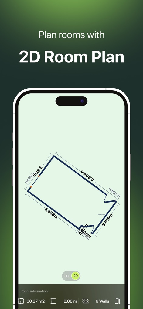 Bubble Level for iPhone - Se puede generar un plano de planta en 2D con medidas precisas en metros y detalles como la superficie total de 30.27 m² y el número de paredes.