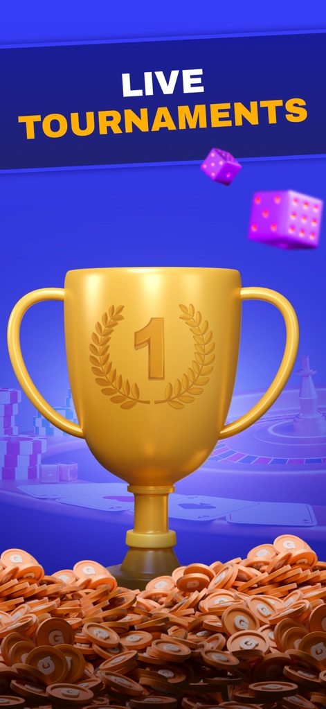 RealPrize Casino - Experience the thrill of 'Live Tournaments', where users can aim for the top prize, visually represented by the prominent golden trophy and rolling dice.