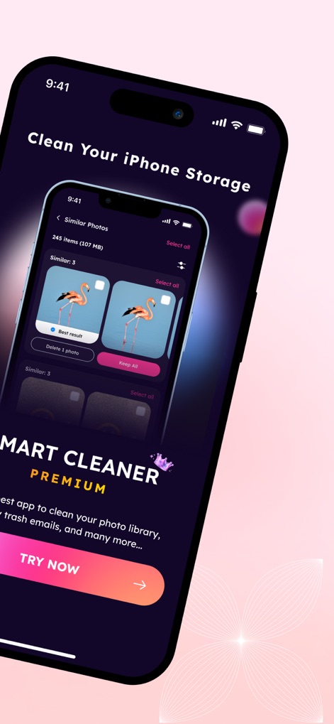 Smart Cleaner: File Tool - この画面では、類似写真の自動検出機能により、iPhoneストレージ内の類似画像を効率的に特定し、ベスト結果の選択と不要な写真を削除できます。