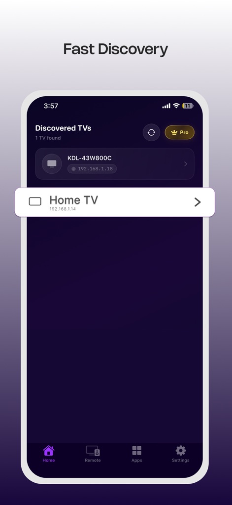 ONN TV Remote - The app efficiently identifies and lists compatible ONN TVs on the network, showcasing easy pairing with devices like 'Home TV' and indicating a 'Pro' option for advanced features.
