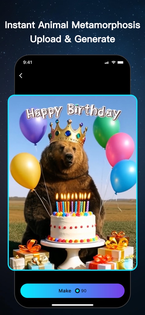 Movia AI: Photo to Video Maker - A tela apresenta a função "Instant Animal Metamorphosis", com um urso coroado celebrando um aniversário e presentes coloridos.