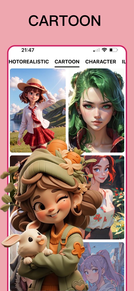 AIArt - AI Picture Generator - La herramienta facilita la creación de arte en un encantador estilo cartoon, presentando personajes vibrantes y expresivos accesibles a través de la categoría "CARTOON" y otras opciones estilísticas.