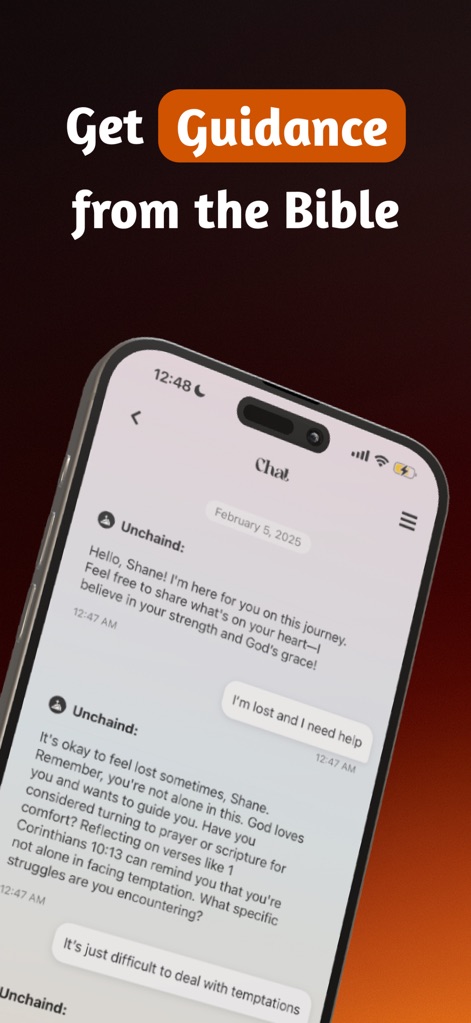 Unchaind: Overcome Lust - Die Chat-Oberfläche demonstriert die sofortige Unterstützung durch den "Personal AI Companion" und die biblische "guidance", die dieser bietet.