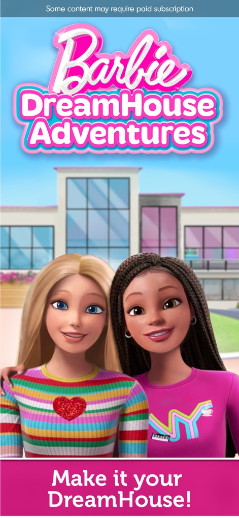 Barbie Dreamhouse Adventures - The app's introductory screen features two friendly Barbie characters standing proudly in front of the iconic Dreamhouse exterior.