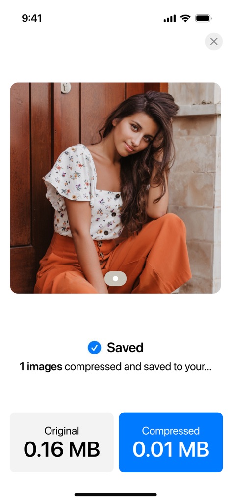 Compress Photos, Resize Image - After resizing, the app confirms the successful operation with a 'Saved' message and presents a side-by-side comparison of 'Original' and optimized file sizes for review.