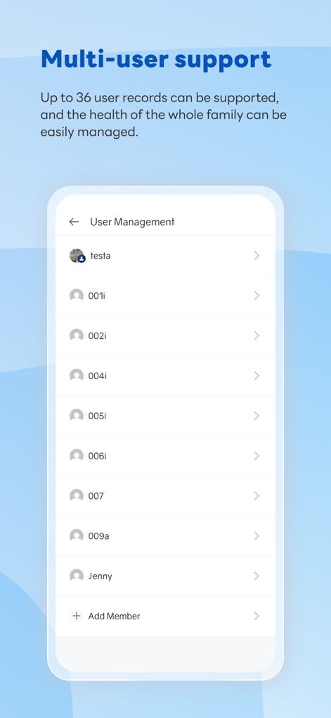 RelaxFit - Explore the app's robust multi-user management feature, enabling users to easily manage up to 36 individual accounts and add new family members.