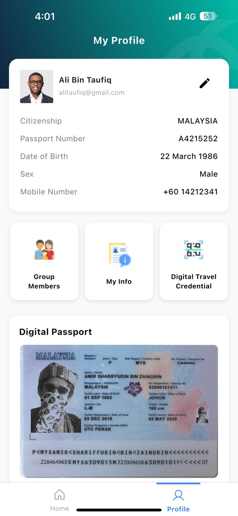 MyNIISe - Le profil utilisateur centralise les informations personnelles essentielles, comme la citoyenneté et le numéro de passeport, et intègre une visualisation pratique du passeport numérique de l'utilisateur.