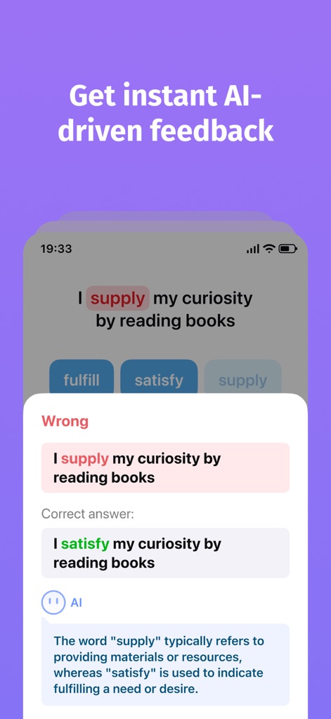 Bright - English for beginners - An intelligent feedback system instantly identifies incorrect answers, displays the correct solution, and provides AI-driven explanations for nuanced word choices like "supply" versus "satisfy."