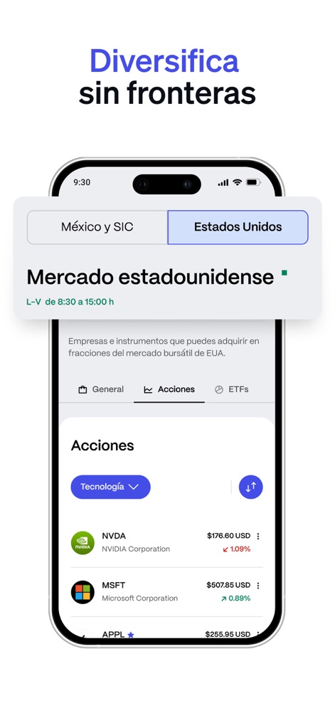 GBM - La plataforma permite a los usuarios ampliar sus horizontes de inversión con la selección de mercados "México y SIC" o "Estados Unidos", y ofrece un listado de "Acciones" de reconocidas empresas globales.