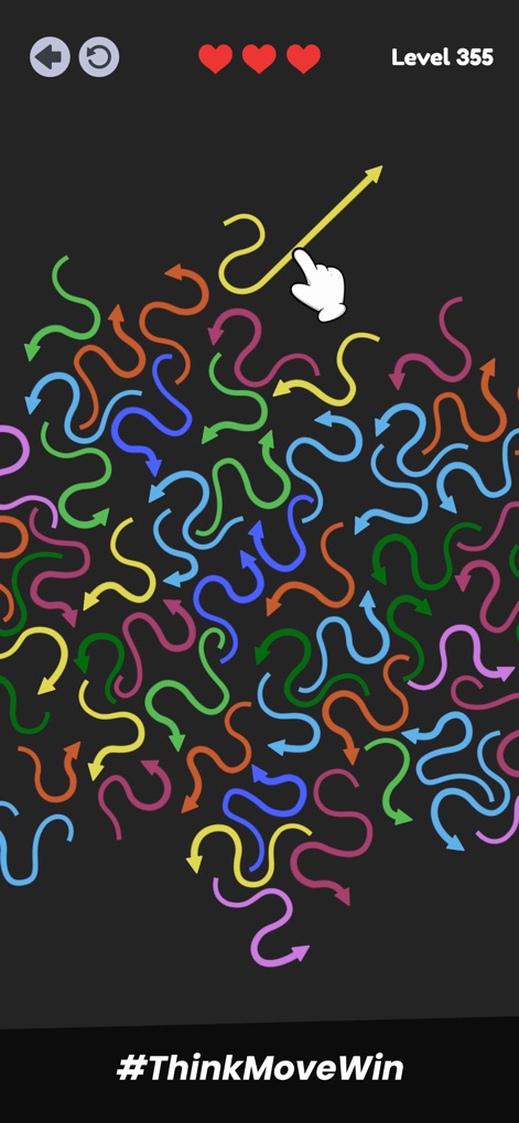 Arrow Fever: Tap Out Puzzle - 사용자는 손가락으로 선택하는 노란색 화살표와 다양한 파스텔톤 색상의 물결치는 화살표들을 통해 끝없이 새로운 퍼즐을 경험할 수 있습니다.