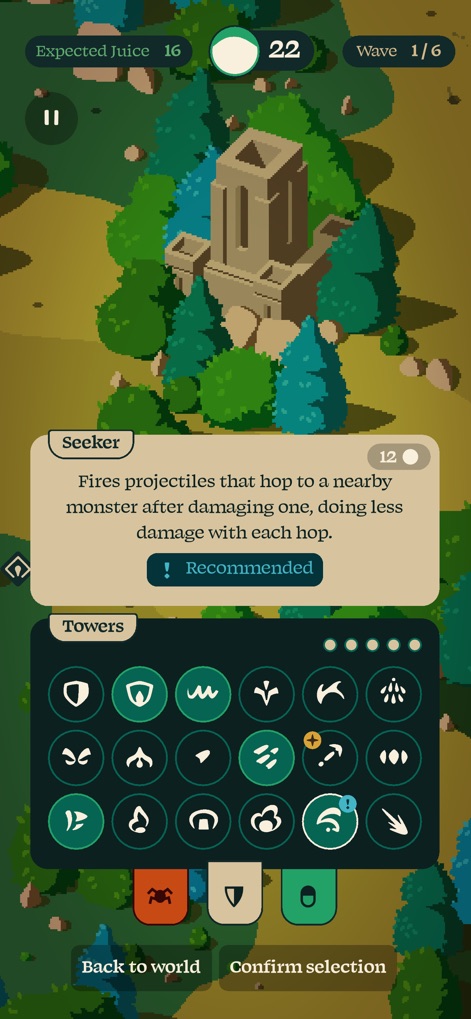 Rift Riff - See how the app provides detailed tower descriptions like the 'Seeker' and a comprehensive selection of diverse tower icons for strategic placement.