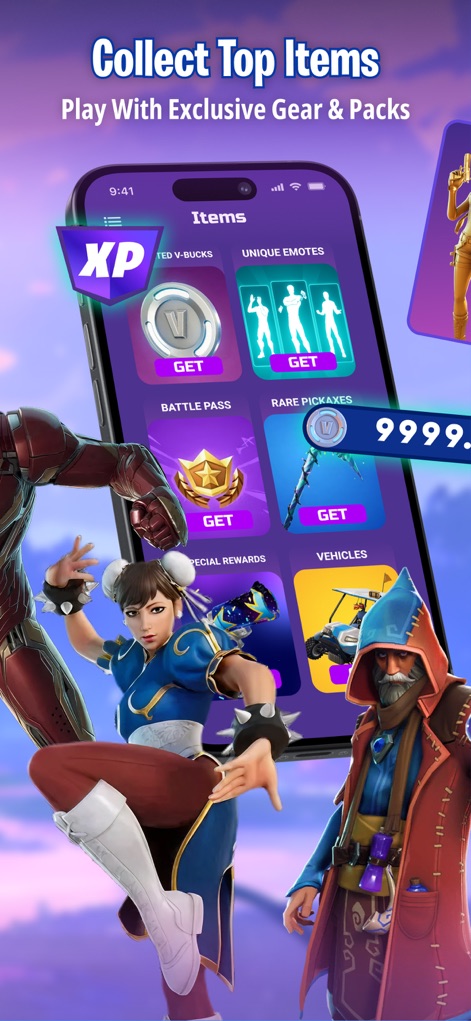 FZone - Fortnite Game Stats - See the "Items" display that allows users to manage their Battle Pass progress and explore a diverse range of exclusive in-game items.