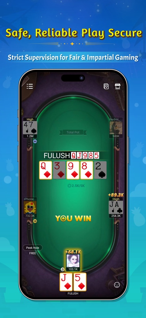 智星德州-菠蘿-PA Poker（牛牛,水果机,斗地主） - Hier wird ein aktives Texas Hold'em-Spiel am Tisch gezeigt, bei dem ein Spieler die Runde mit einer klaren "YOU WIN"-Anzeige gewonnen hat.