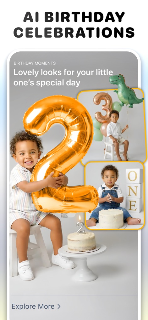 Cosplay: Future Baby Generator - Witness how the app creates AI-enhanced birthday celebration scenes, showcasing babies alongside festive number balloons and beautifully decorated cakes.
