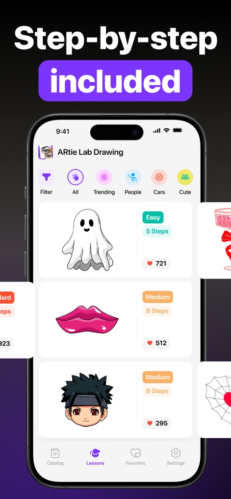 ARtie Lab: AR Drawing & Sketch - The app offers structured learning paths, clearly displaying step-by-step instructions and varying difficulty levels for each project.