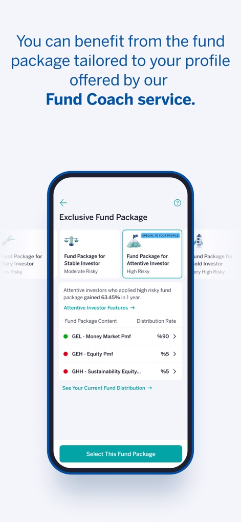 Garanti BBVA Emeklilik Mobile - The platform delivers tailored investment strategies, showcasing Exclusive Fund Packages specifically designed for user profiles, such as the 'Fund Package for Attentive Investor'.
