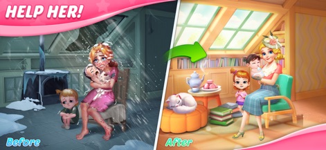 Matchington Mansion - The screenshot emphasizes the stark contrast between a dilapidated room "before" and a beautifully decorated space "after," complete with engaging character interactions.