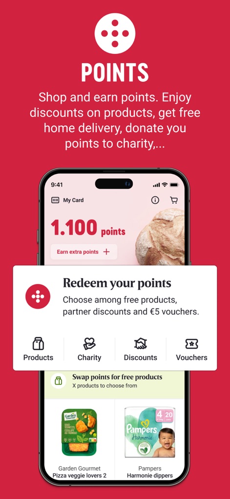 My Delhaize - Users can view their total "1.100 points" and choose from various redemption options like "Products" or "Charity".
