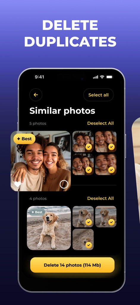 Hyper Cleaner: Clean Up Photos - The app intelligently groups "Similar photos" and highlights the "Best" shot, allowing users to efficiently delete multiple duplicates with a single "Delete 14 photos" action.