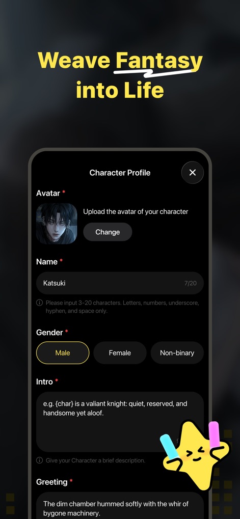 Dootchi: Emochi Alternative - Users can deeply customize their AI companions through the 'Avatar' upload feature and detailed text fields like 'Intro' and 'Greeting' to weave their unique fantasies into life.