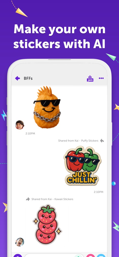 Kinzoo: Fun All-Ages Messenger - Os usuários podem personalizar suas conversas com adesivos únicos gerados por IA, como o divertido abacaxi de óculos escuros e os pimentões sorridentes.