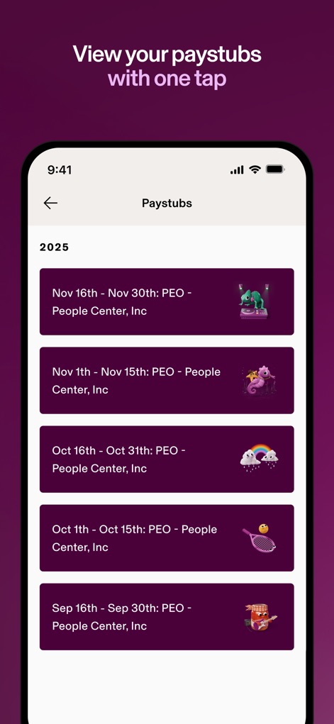Rippling - HR, IT & Finance - Employees can easily review their complete paystub history, with each entry clearly dated and accompanied by small, engaging illustrative icons for quick identification. 