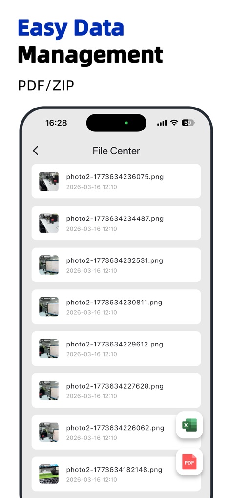 Timestamp Camera - Time & GPS - Users can effortlessly manage files in the File Center, with convenient options to export data as Excel spreadsheets or PDF documents.