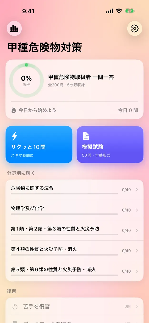 甲種危険物のアプリ画面