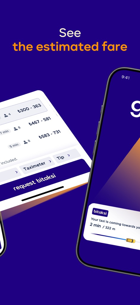 bitaksi - your closest taxi! - The app clearly displays estimated fare ranges for various taxi options, allowing users to choose based on their budget, alongside options to view 'Taximeter' details and add a 'Tip' before booking.