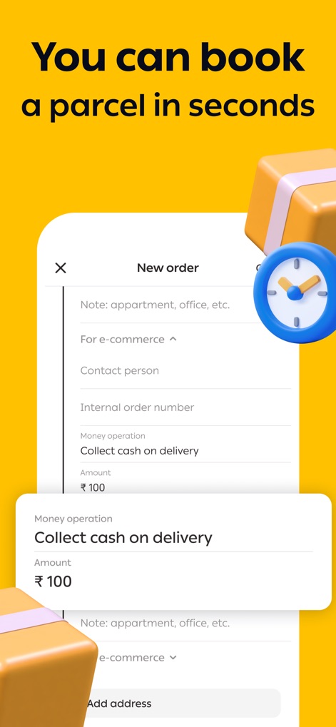 Borzo: Courier Delivery App - Esta pantalla resalta la facilidad para seleccionar métodos de pago, presentando una opción como "Collect cash on delivery" y permitiendo a los usuarios reservar una entrega en cuestión de segundos, tal como lo indica el icono del reloj.