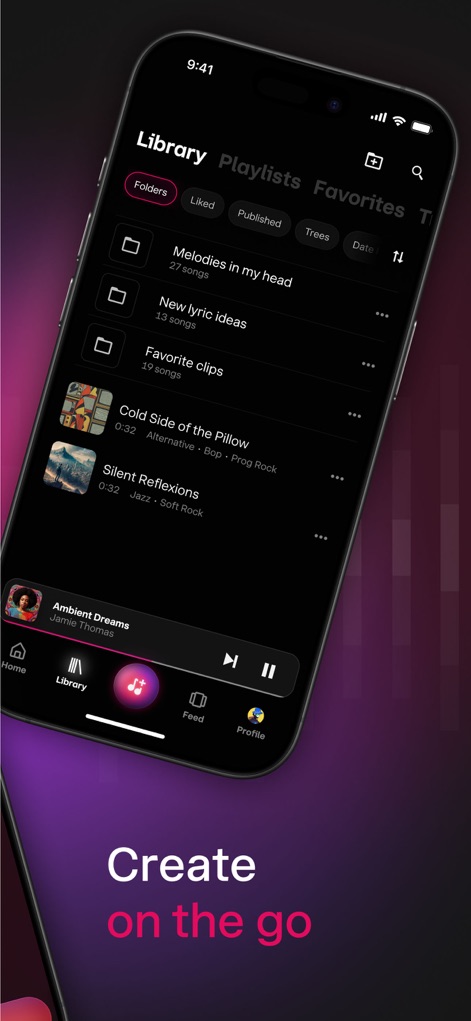 Udio: AI Music Maker & Studio - Explore the app's intuitive library interface, showcasing organized folders for projects and a seamless mobile navigation bar for easy access.