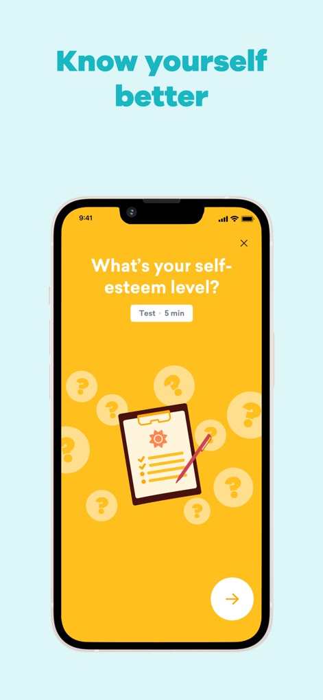 MindDay: Mental Health, Stress - Les utilisateurs peuvent évaluer leur niveau d'estime de soi via des tests rapides, obtenant ainsi une meilleure compréhension de leur état mental actuel et de leurs besoins avec des icônes de questionnaire et de stylo.