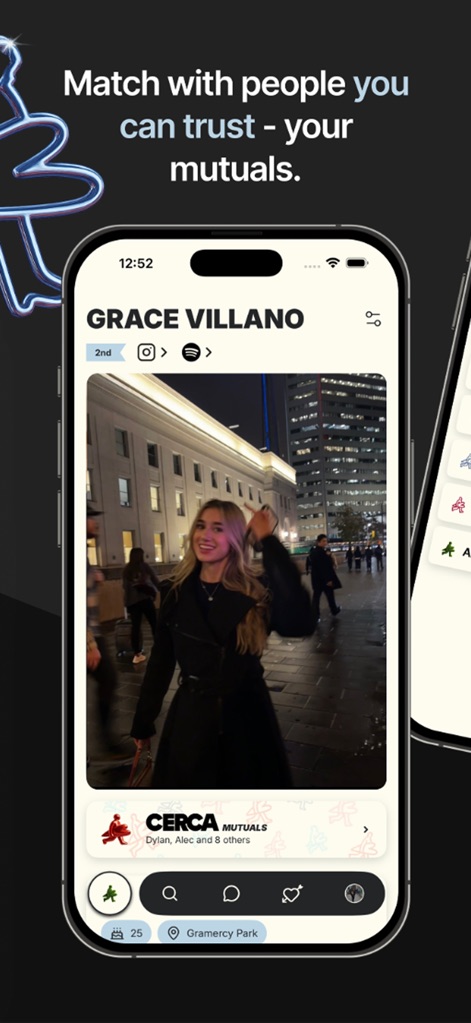 Cerca: Meet Your Mutuals - This interface features a detailed user profile, such as 'Grace Villano', and prominently displays the number of shared connections under 'Cerca Mutuals', fostering a sense of trust and familiarity.