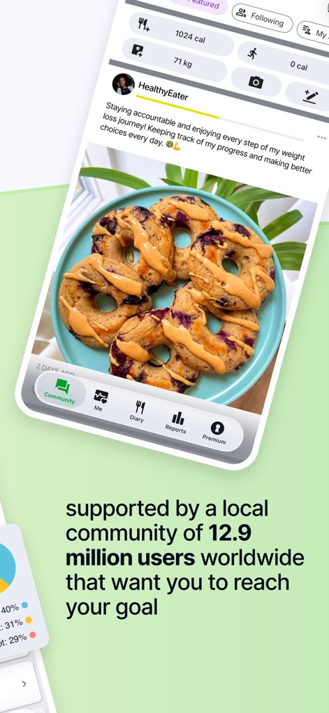 Calorie Counter by fatsecret - La aplicación fomenta la interacción social, permitiendo a los usuarios compartir su progreso y ver publicaciones de otros miembros de la comunidad, como la foto de 'HealthyEater'.