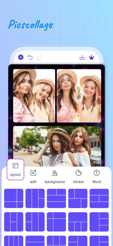 AI Photo Editor: Collage Maker - Esta herramienta simplifica la creación de collages, permitiendo a los usuarios elegir entre múltiples opciones de diseño, como la rejilla de 2x2 visible, y personalizarlos con las diversas herramientas de edición accesibles desde el menú inferior.