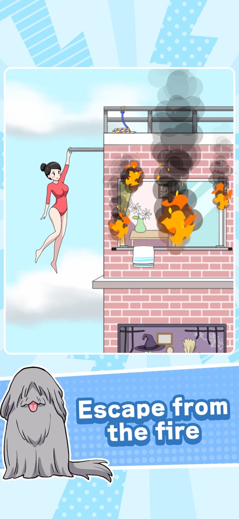 Tricky Mean - Brain puzzle - Witness dynamic escape puzzles featuring elements like a girl hanging from a balcony and a building engulfed in flames.