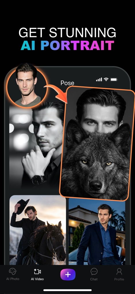 Chatlulu:Video&Photo Editor - Experience dynamic AI portrait generation with varied thematic styles, from professional settings to fantasy elements like a wolf companion.