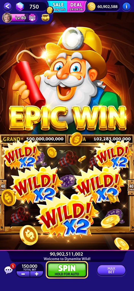 Club Vegas Slots Casino games - Uncover an explosive experience in Dynamite Wild!, featuring a jubilant miner character and lucrative "WILD! X2" multipliers across the reels.