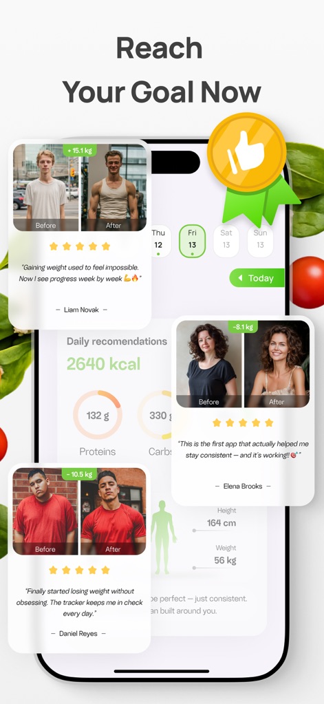 AI Calorie Counter & Meal Plan - This view features motivational 'Before & After' user testimonials, alongside personalized 'Daily recommendations' for calories, proteins, and carbs.
